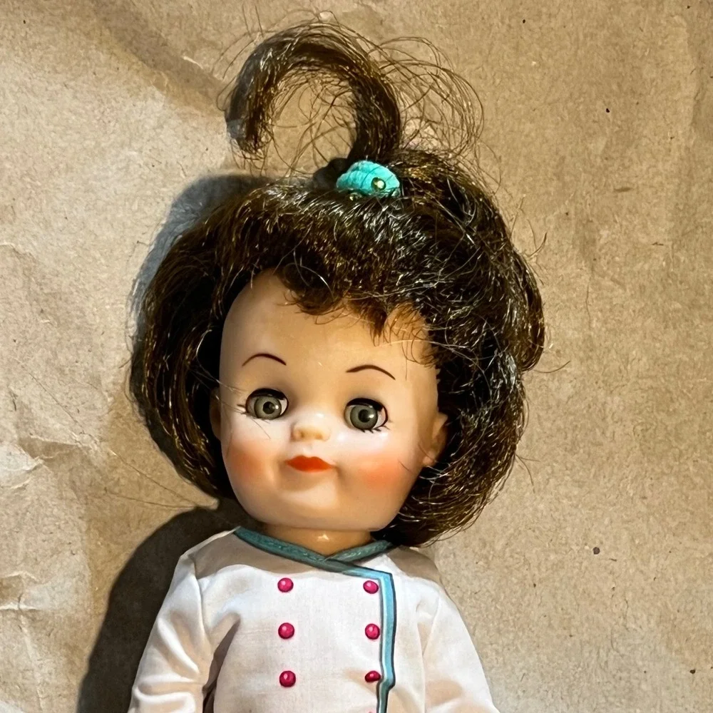 Vintage 8 Inch Brunette Doll White Chef Dress Pink Buttons Sleep Eyes Retro